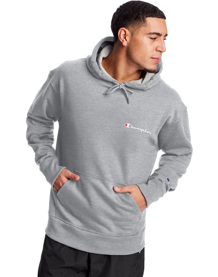 Champion Mens Hoodie NZ - Powerblend Fleece Script Logo Grey ( 9574-NRUDB )